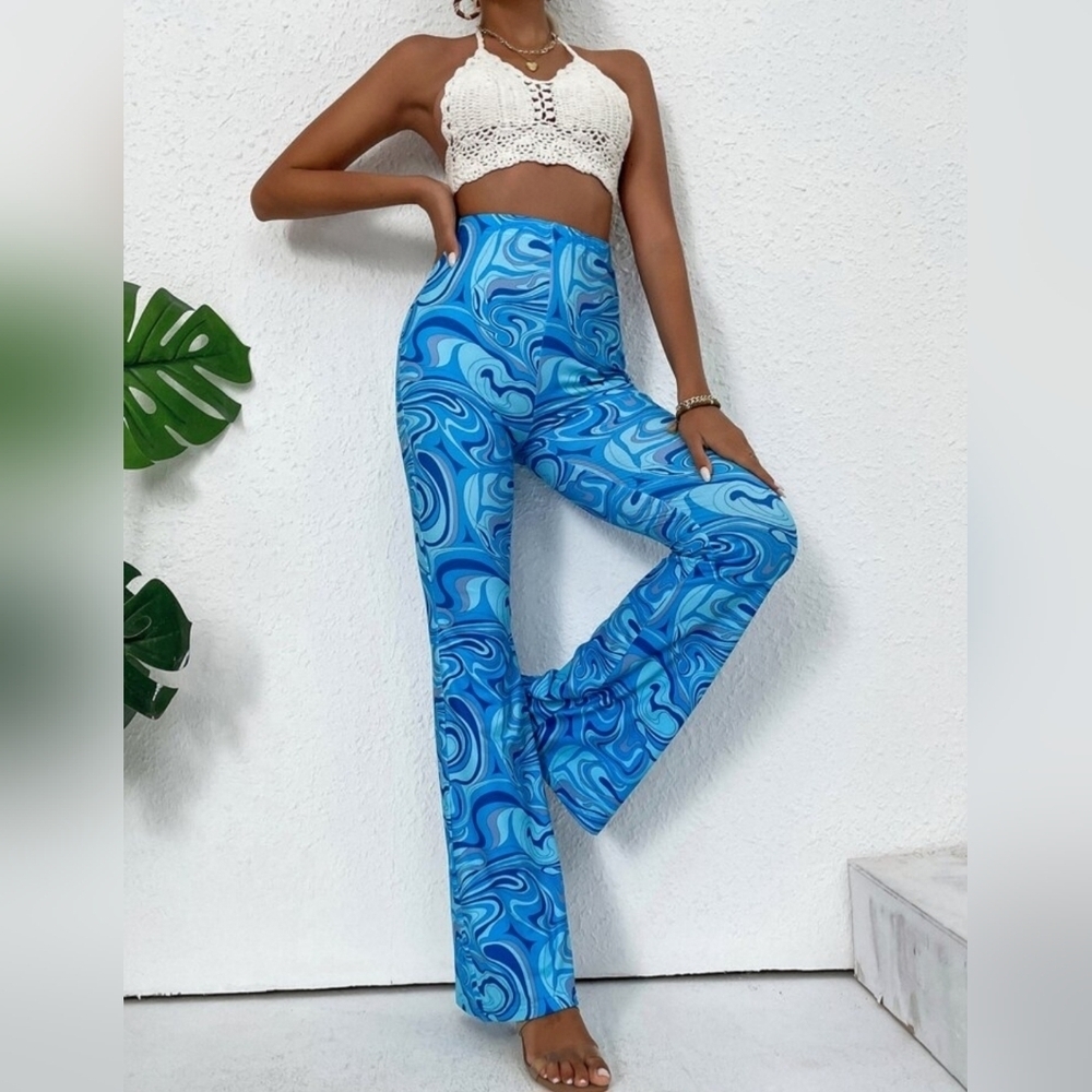 Shein Retro Y2K 60's Redo Pants Groovy Swirl Stretch Flare XS Blue Teal Funky